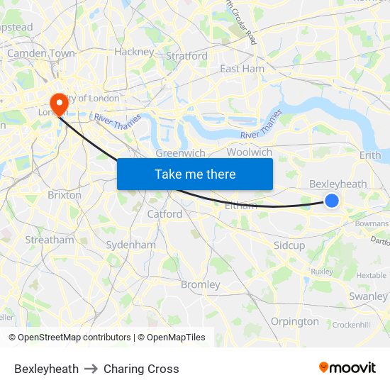 Bexleyheath to Charing Cross map