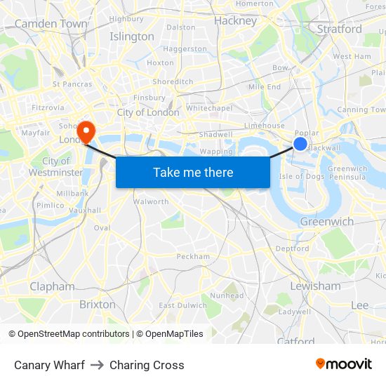 Canary Wharf to Charing Cross map