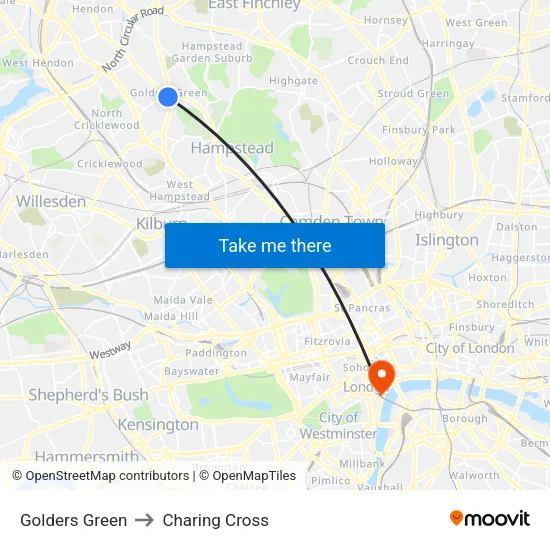 Golders Green to Charing Cross map