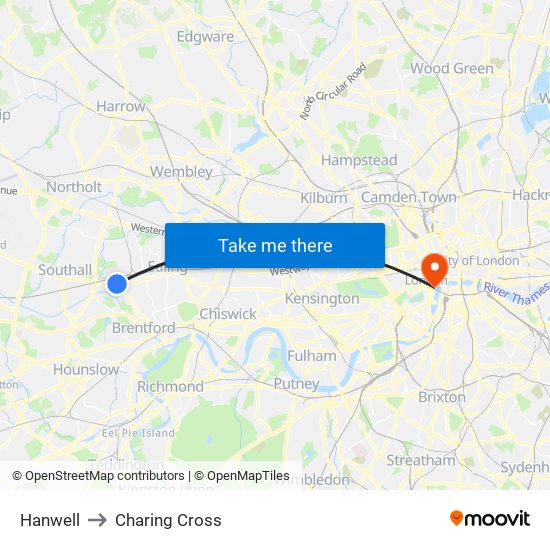 Hanwell to Charing Cross map