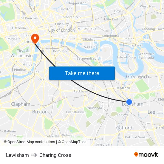 Lewisham to Charing Cross map