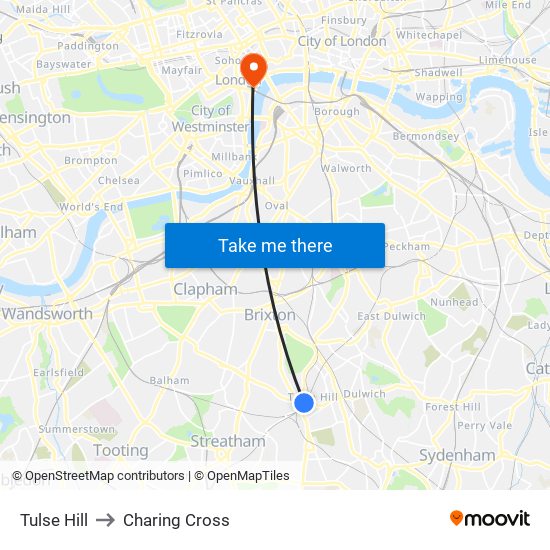 Tulse Hill to Charing Cross map