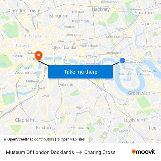 Museum Of London Docklands to Charing Cross map