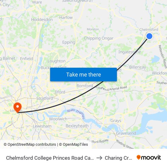 Chelmsford College Princes Road Campus to Charing Cross map