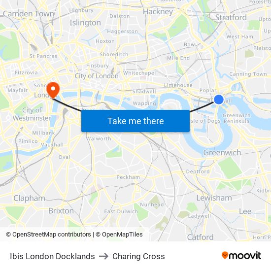 Ibis London Docklands to Charing Cross map