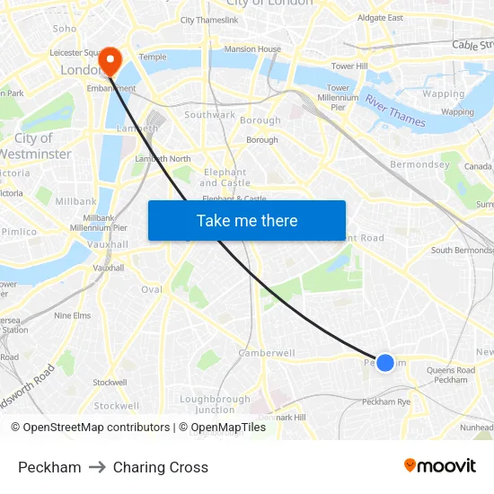 Peckham to Charing Cross map