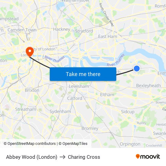 Abbey Wood (London) to Charing Cross map
