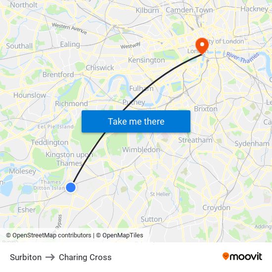 Surbiton to Charing Cross map