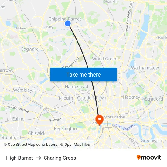 High Barnet to Charing Cross map