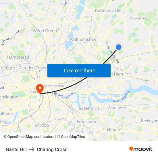Gants Hill to Charing Cross map