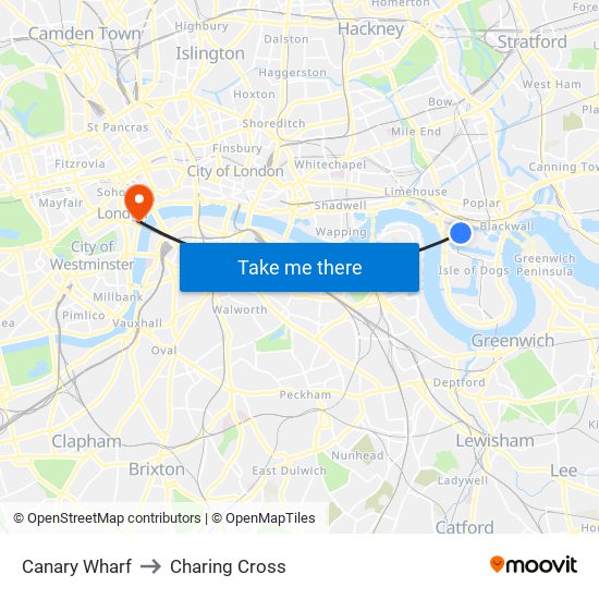 Canary Wharf to Charing Cross map