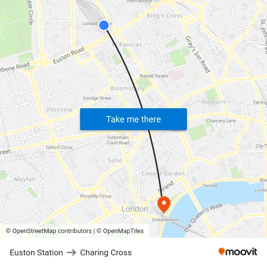 Euston Station to Charing Cross map