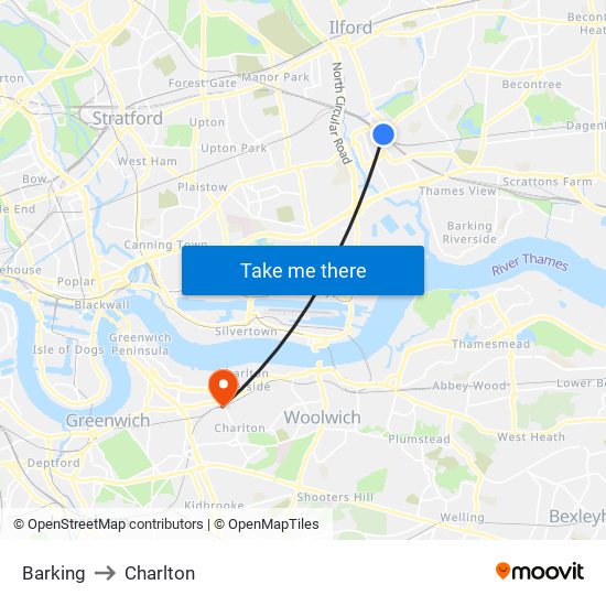 Barking to Charlton map