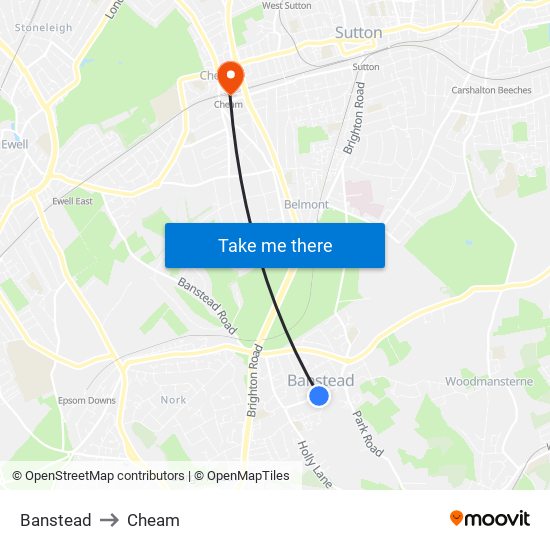 Banstead to Cheam map