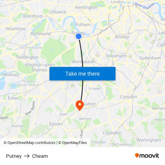 Putney to Cheam map
