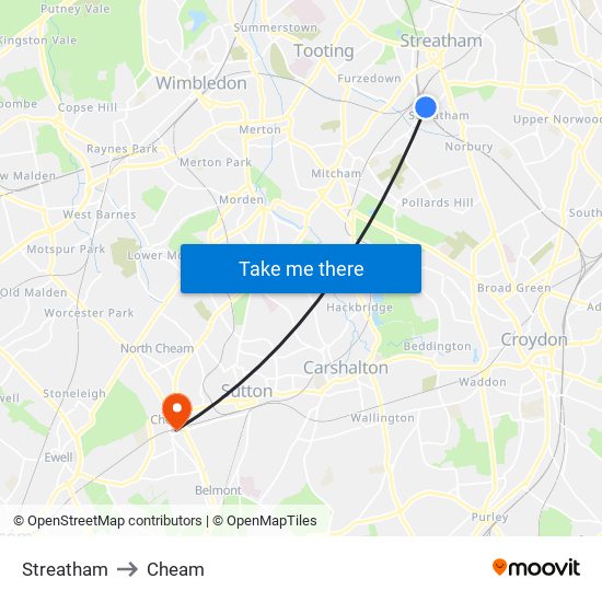 Streatham to Cheam map