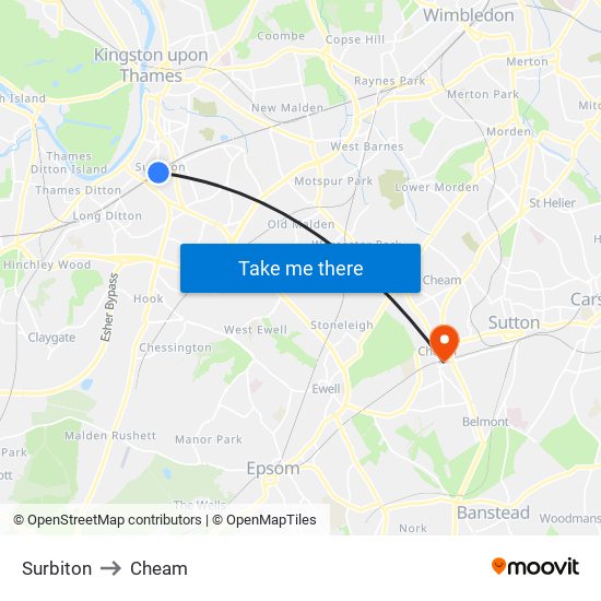 Surbiton to Cheam map