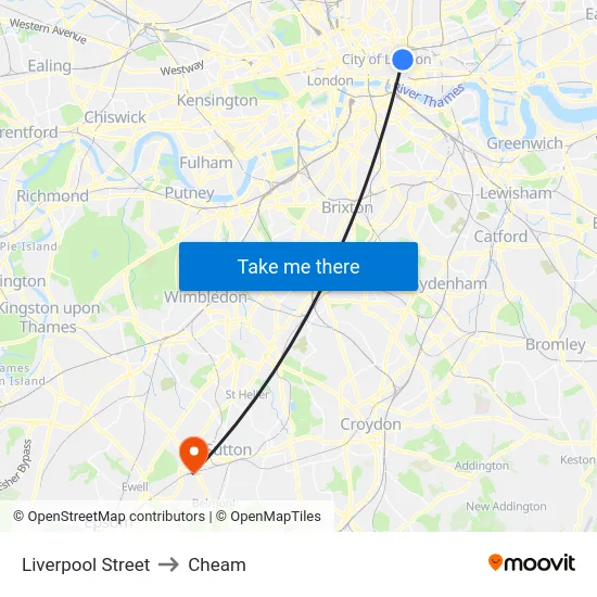 Liverpool Street to Cheam map