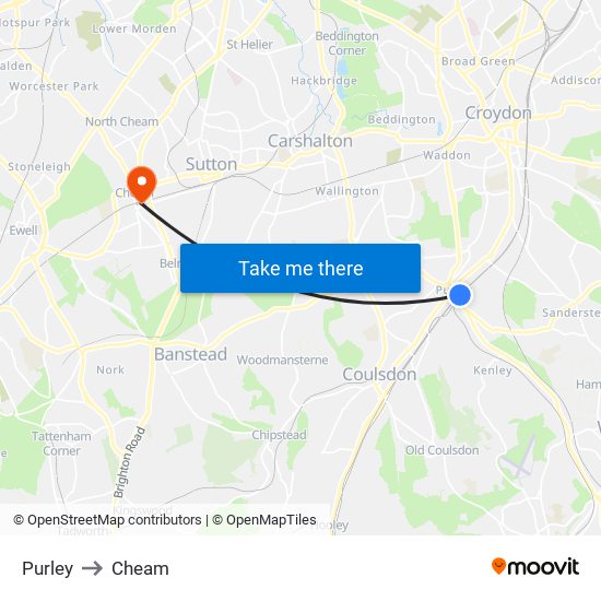 Purley to Cheam map