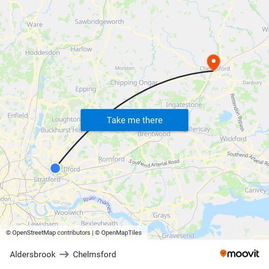 Aldersbrook to Chelmsford map