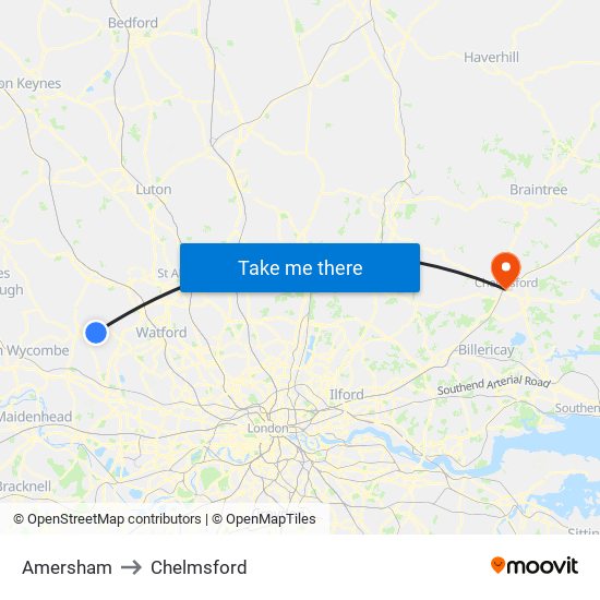 Amersham to Chelmsford map