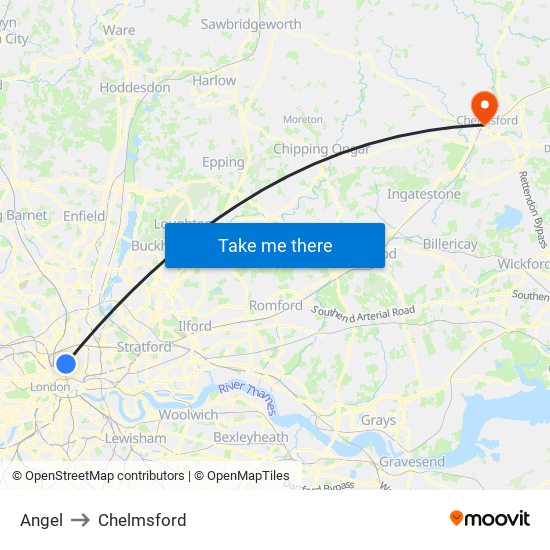 Angel to Chelmsford map