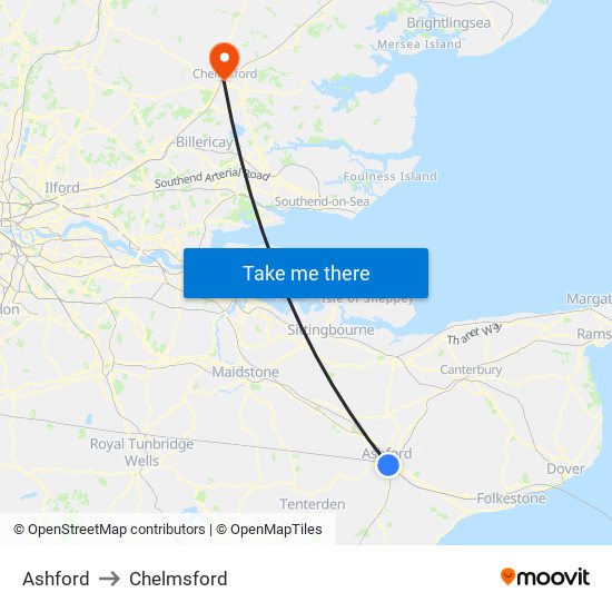 Ashford to Chelmsford map