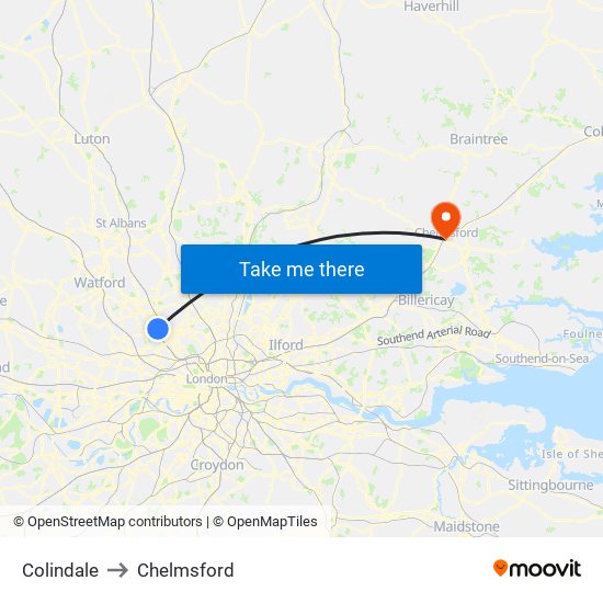 Colindale to Chelmsford map