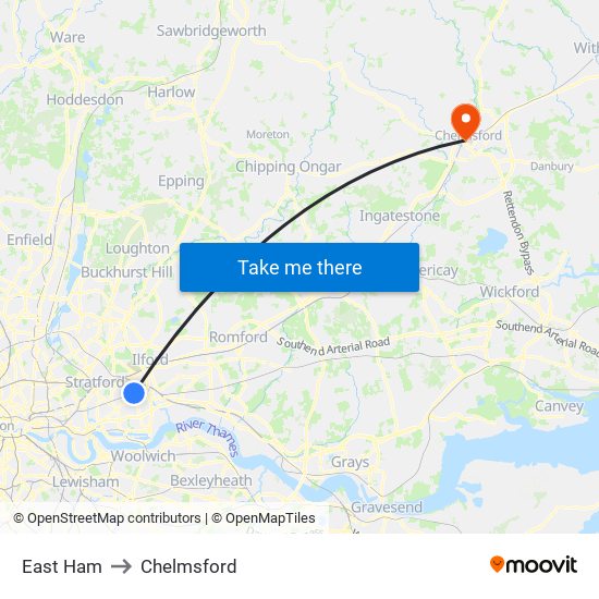 East Ham to Chelmsford map