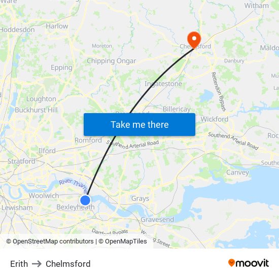 Erith to Chelmsford map