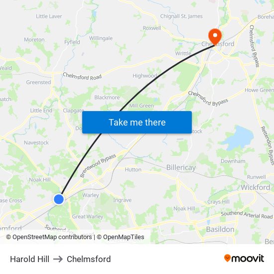 Harold Hill to Chelmsford map