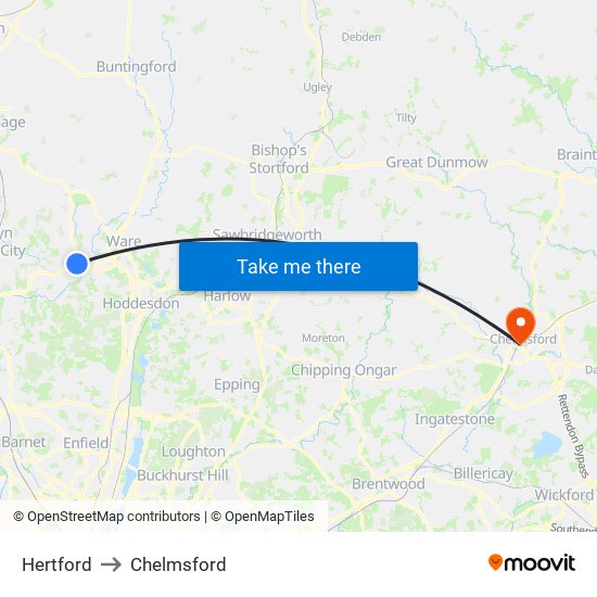 Hertford to Chelmsford map