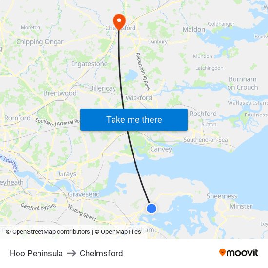 Hoo Peninsula to Chelmsford map