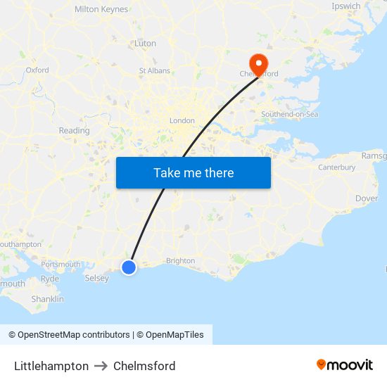 Littlehampton to Chelmsford map