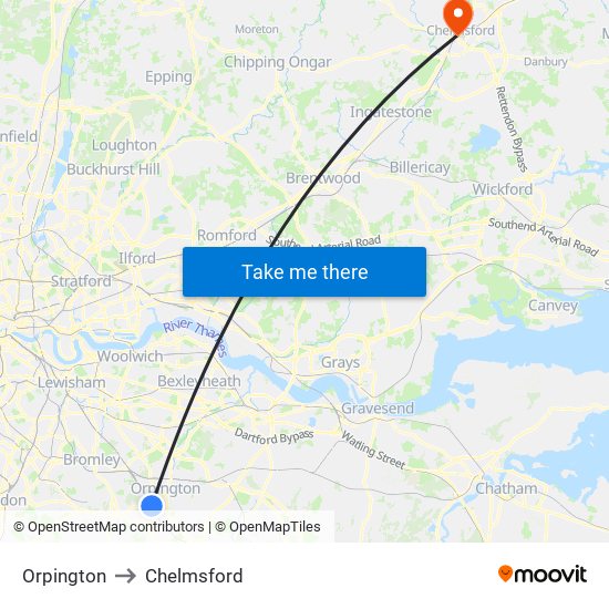 Orpington to Chelmsford map