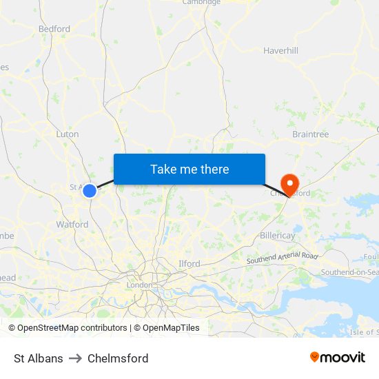 St Albans to Chelmsford map