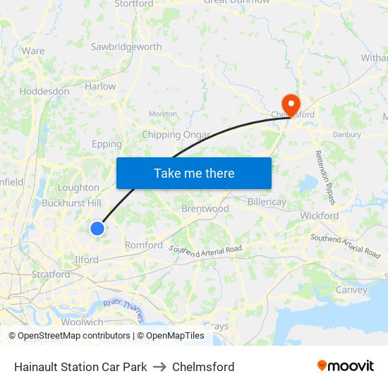 Hainault Station Car Park to Chelmsford map