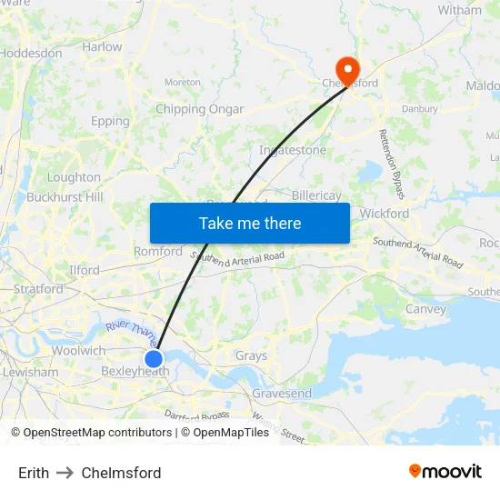 Erith to Chelmsford map