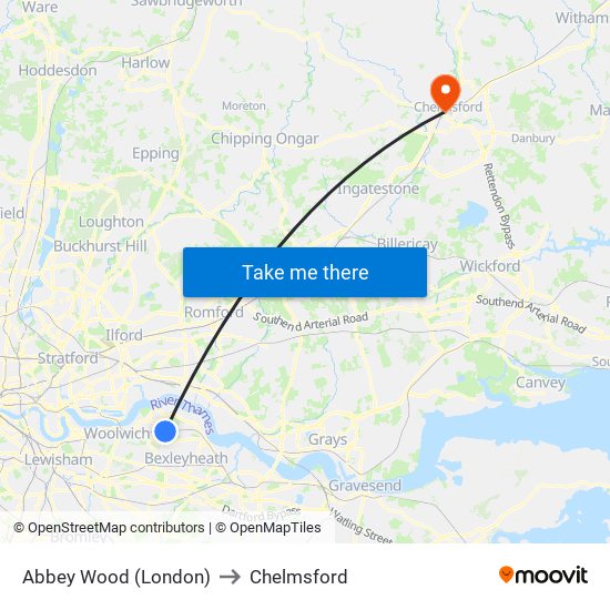 Abbey Wood (London) to Chelmsford map