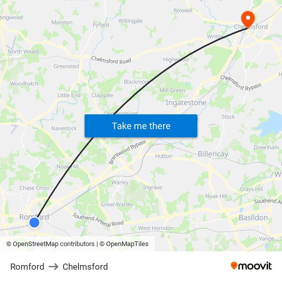 Romford to Chelmsford map