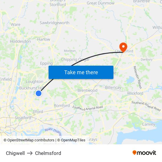 Chigwell to Chelmsford map