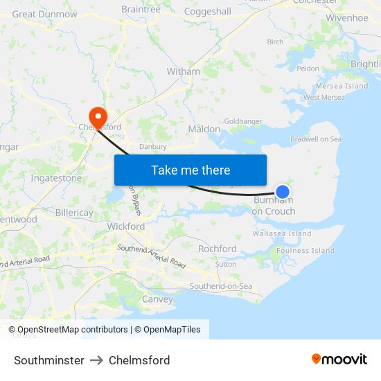 Southminster to Chelmsford map