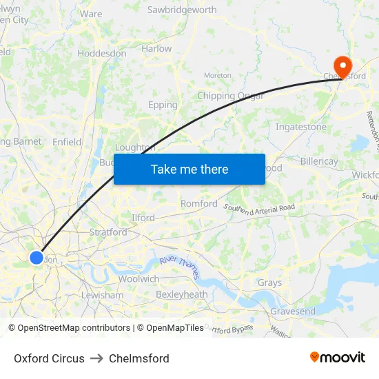 Oxford Circus to Chelmsford map