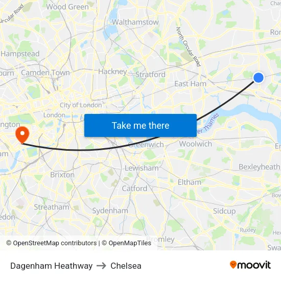 Dagenham Heathway to Chelsea map