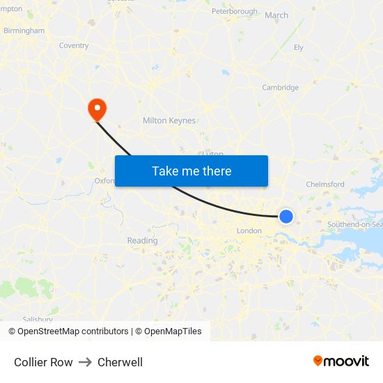 Collier Row to Cherwell map