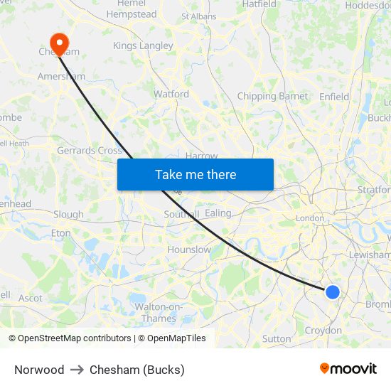 Norwood to Chesham (Bucks) map