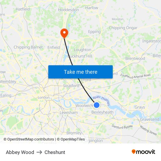 Abbey Wood to Cheshunt map