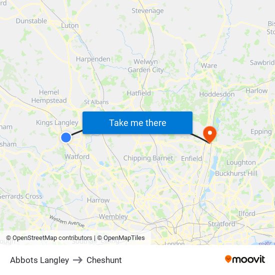 Abbots Langley to Cheshunt map