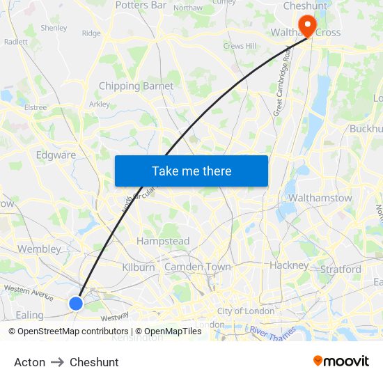 Acton to Cheshunt map