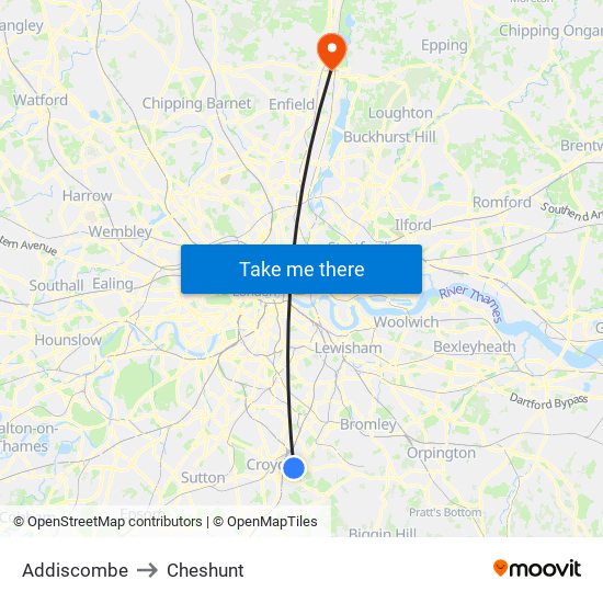 Addiscombe to Cheshunt map